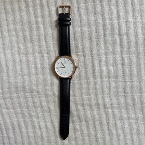 Black Leather Strap Watch with White Dial
